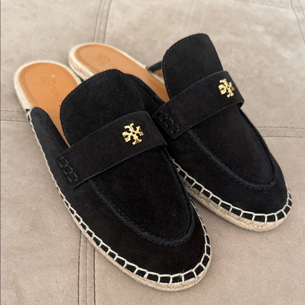 Tory Burch Black Suede Mules with Gold Emblem